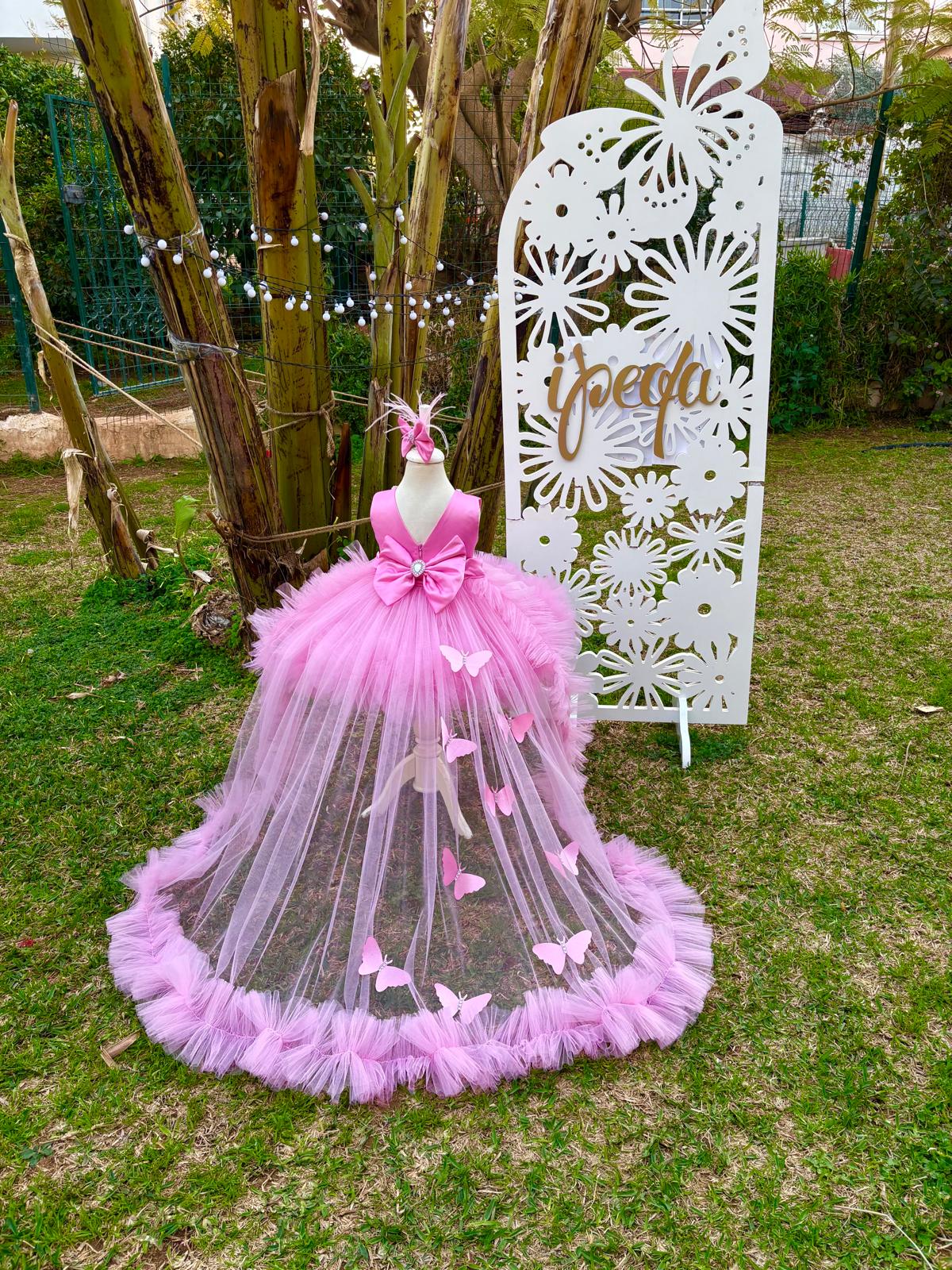 Pembe Kelebekli Taşlı Kız Çocuk Abiye - Bebek Parti Kostümü - ipeqakids – kız çocuk elbisesi
