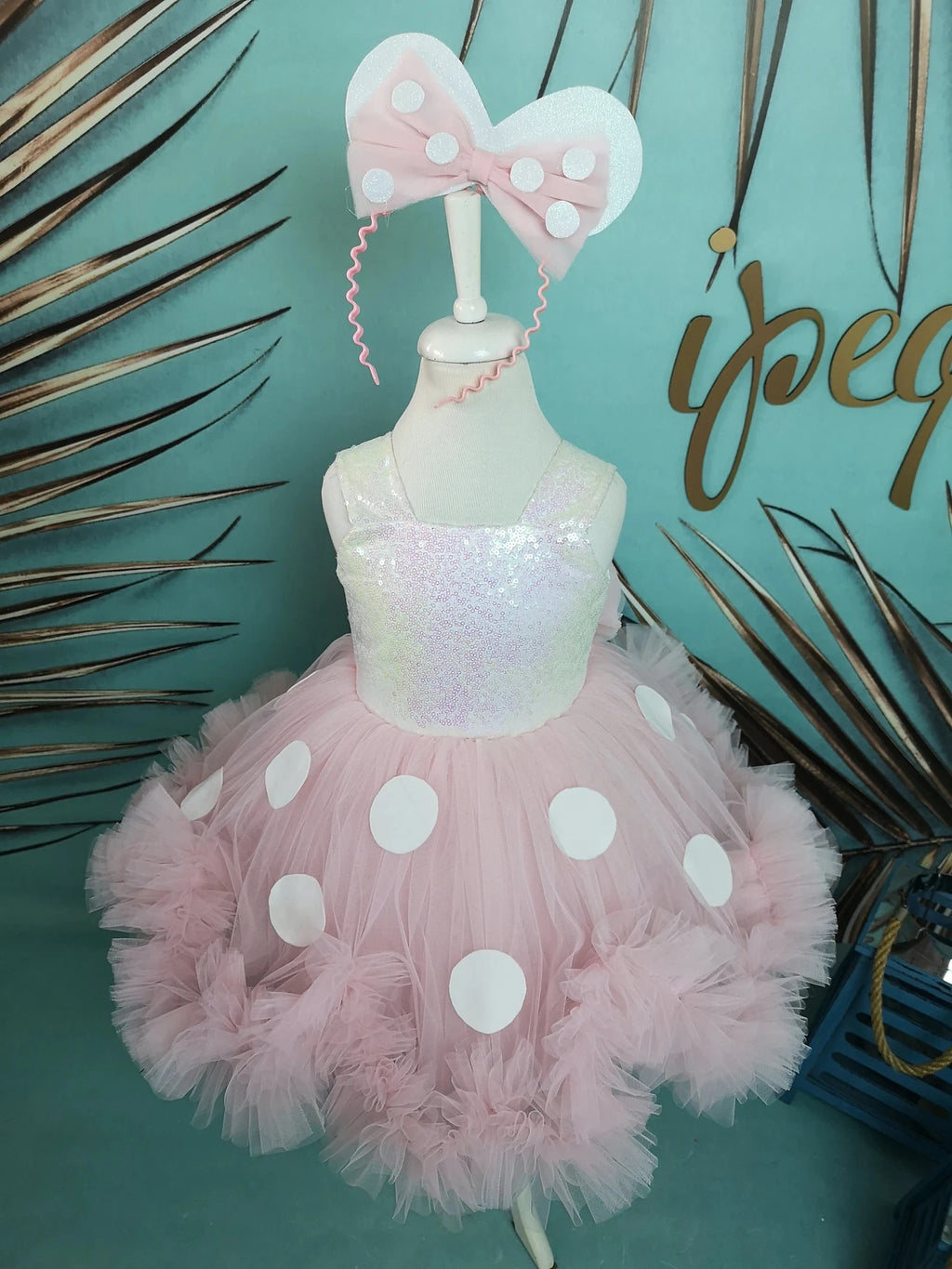 Kız Çocuk Purda Beyaz Minnie Mouse Kostümü TAÇ DAHİL- Çocuk Abiye Elbise -ipeqakids  – kız çocuk elbisesi