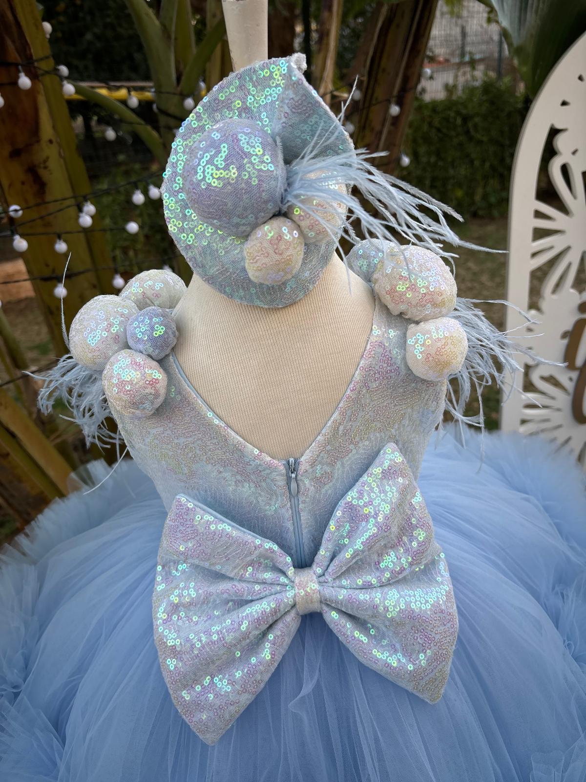 Bebe Mavi Ponponlu Kız Çocuk Abiye - Bebek Parti Kostümü - ipeqakids – kız çocuk elbisesi