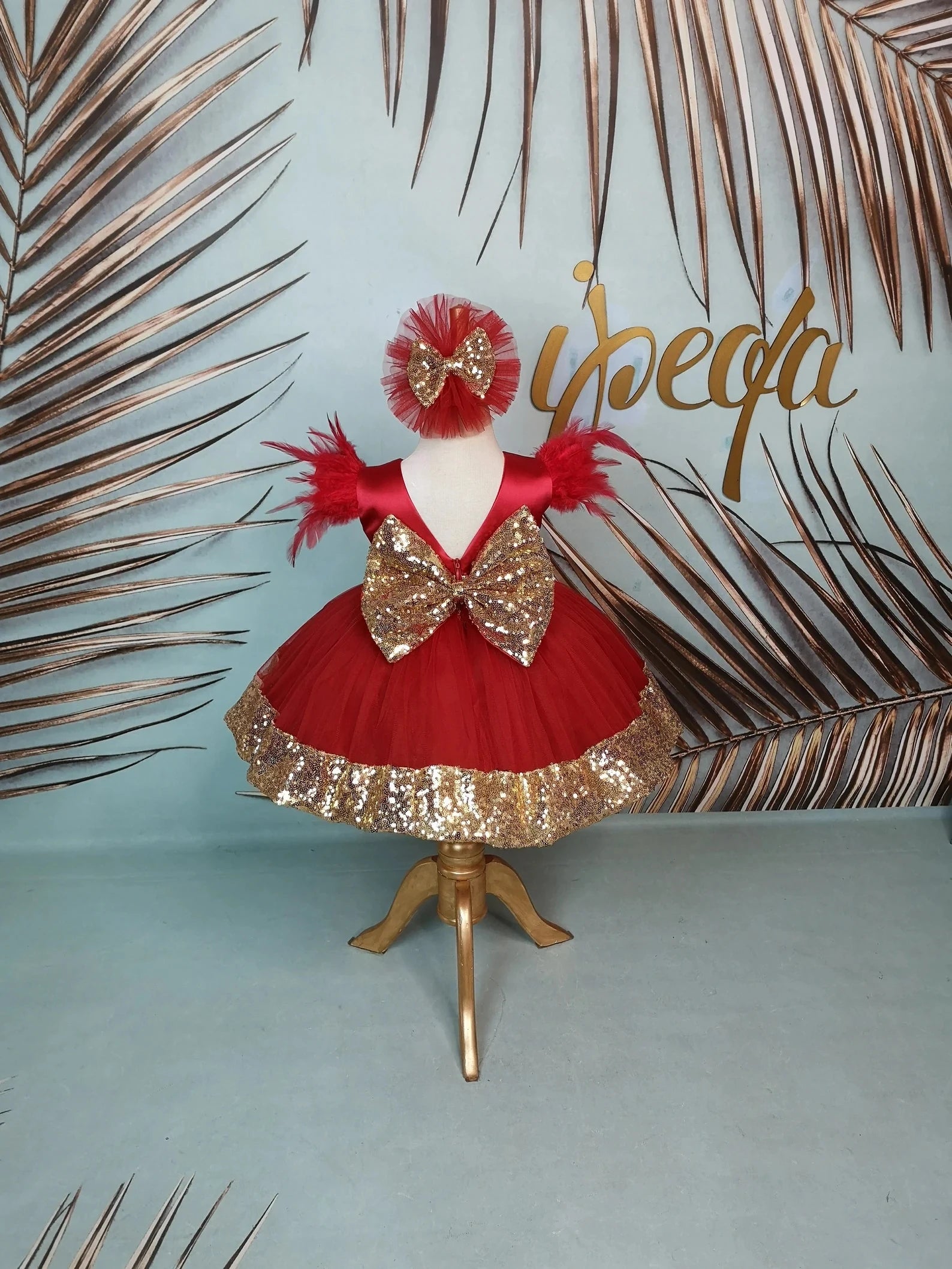 Kırmızı ve Altın Kız Çocuk Abiye - Bebek Parti Elbisesi - ipeqakids – kız çocuk elbisesi