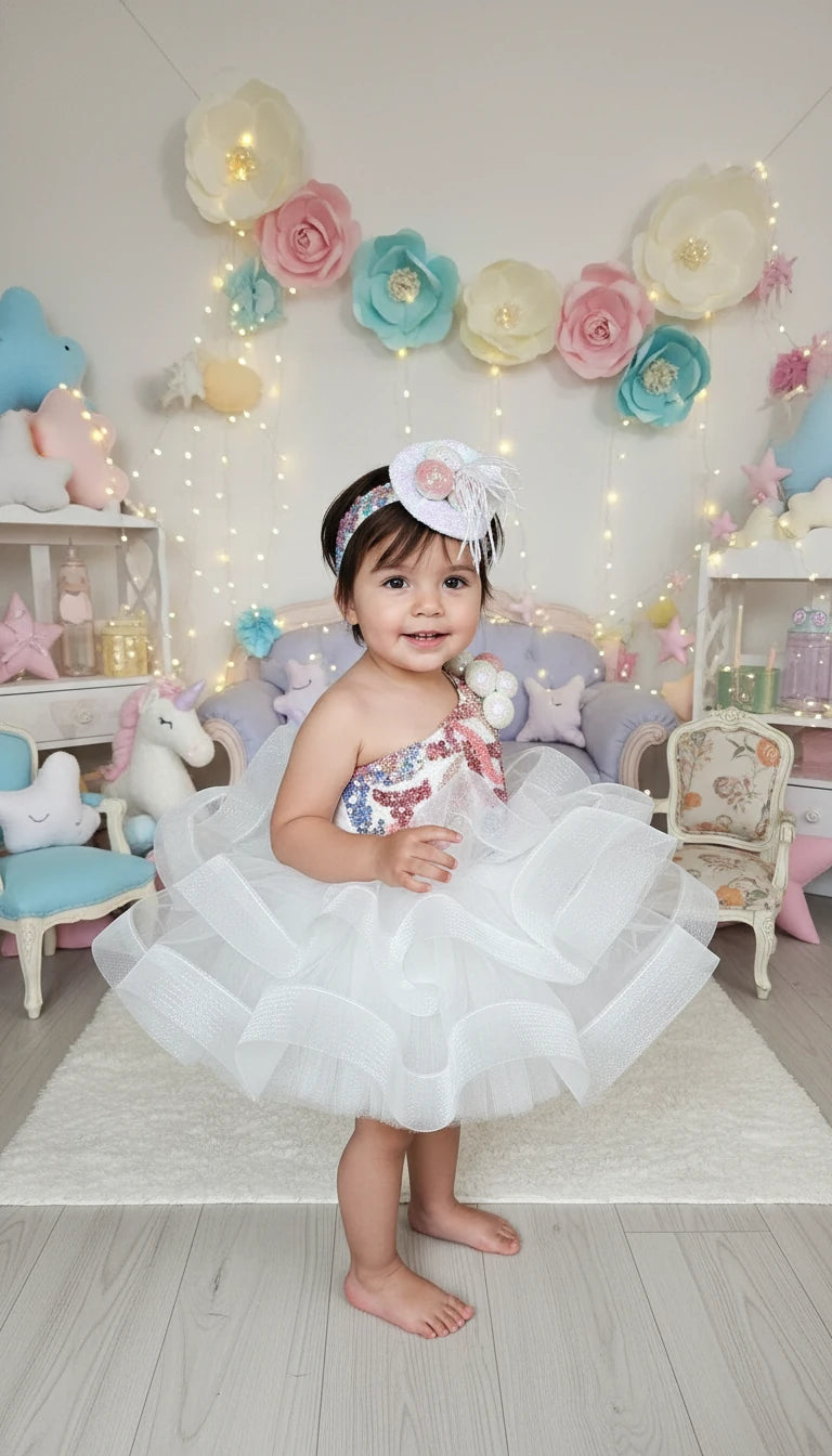 Beyaz Somon Ponponlu Kız Çocuk Abiye - Bebek Parti Kostümü - ipeqakids – kız çocuk elbisesi