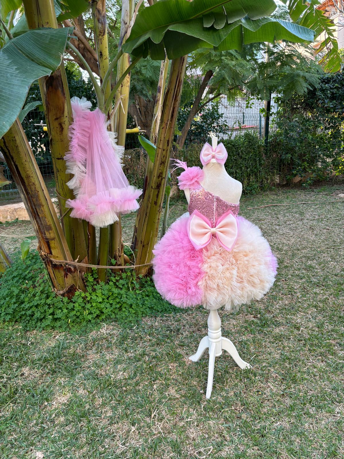 Pembe Bej Tütülü Kız Çocuk Abiye - Bebek Parti Kostümü - ipeqakids – kız çocuk elbisesi