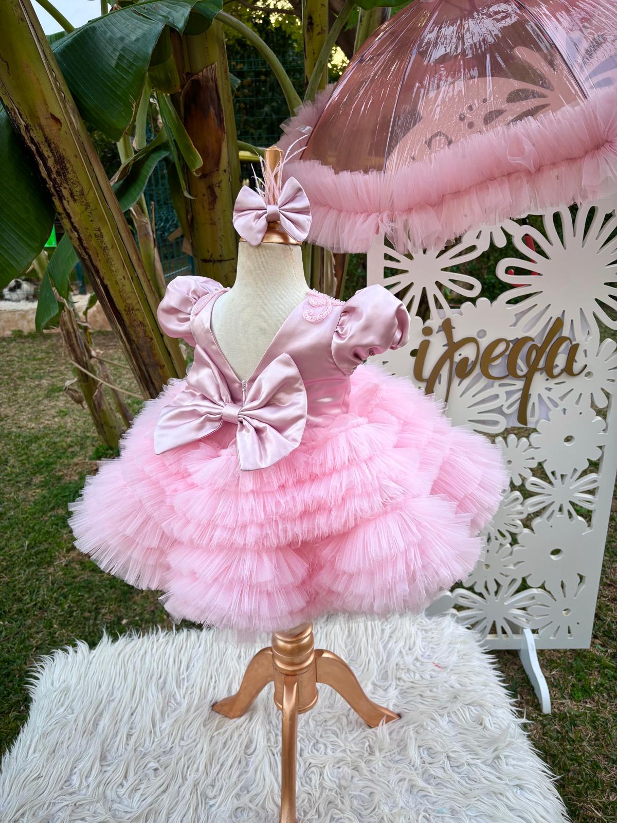 Pudra Pembe Tüllü Gipürlü Kız Çocuk Abiye - Bebek Parti Kostümü - ipeqakids – kız çocuk elbisesi