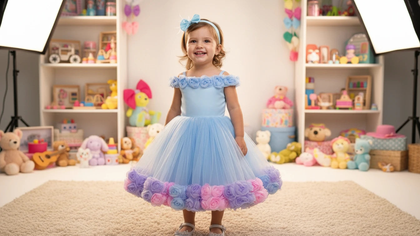 Bebe Mavi Güllü Kız Çocuk Abiye - Bebek Doğum Günü Elbisesi - ipeqakids – kız çocuk elbisesi