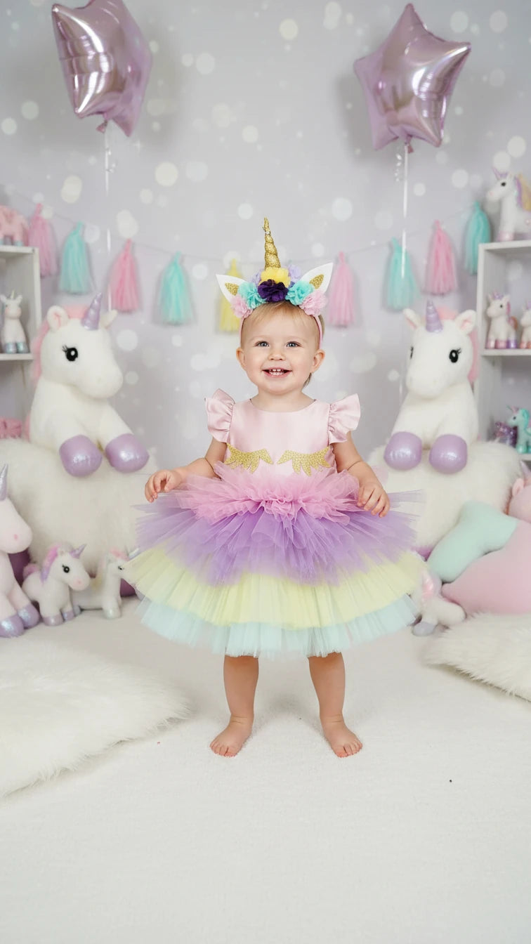 Kısa Unicorn Elbise - Kız Çocuk Abiye - Bebek Doğum Günü Elbisesi - ipeqakids – kız çocuk elbisesi