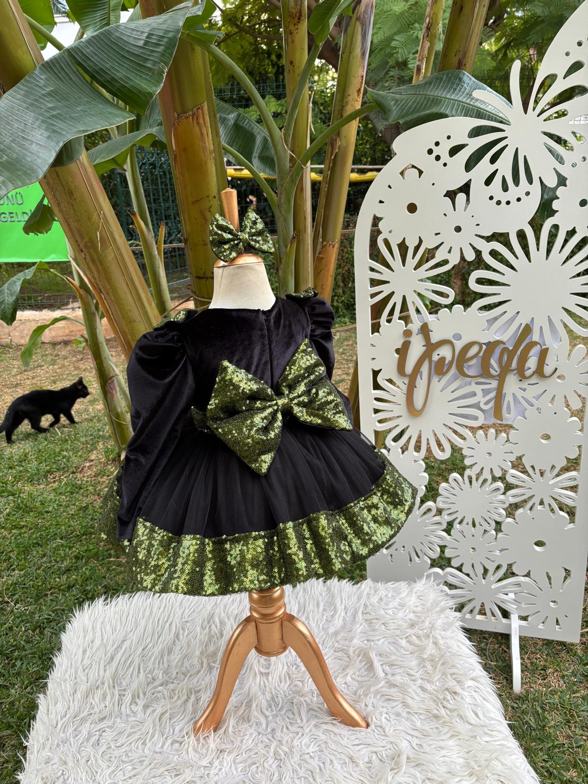 Yeşil Siyah Kadife ve Payetli Kız Çocuk Abiye - Bebek Doğum Günü Elbisesi - ipeqakids – kız çocuk elbisesi