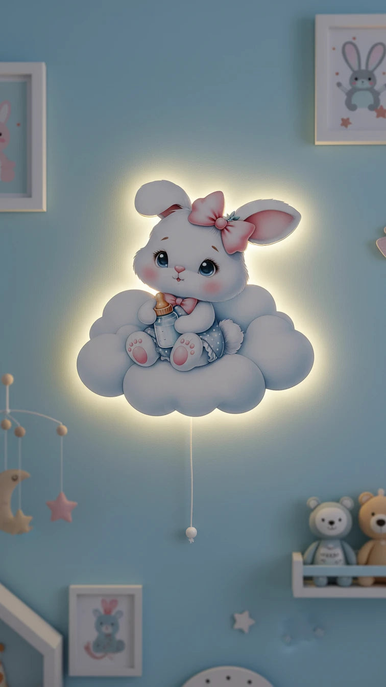 Tavşan Pilli Led Işıklı Ahşap Duvar Dekoru – kız çocuk elbisesi