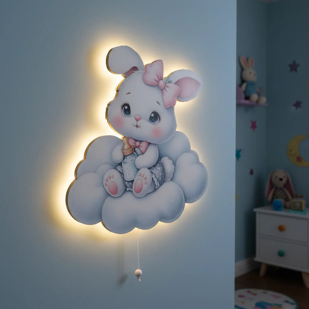 Tavşan Pilli Led Işıklı Ahşap Duvar Dekoru – kız çocuk elbisesi