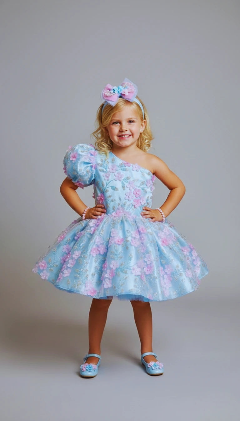 Bebe Mavi Çiçekli Tek Kol Kız Çocuk Abiye - Bebek Doğum Günü Elbisesi - ipeqakids – kız çocuk elbisesi