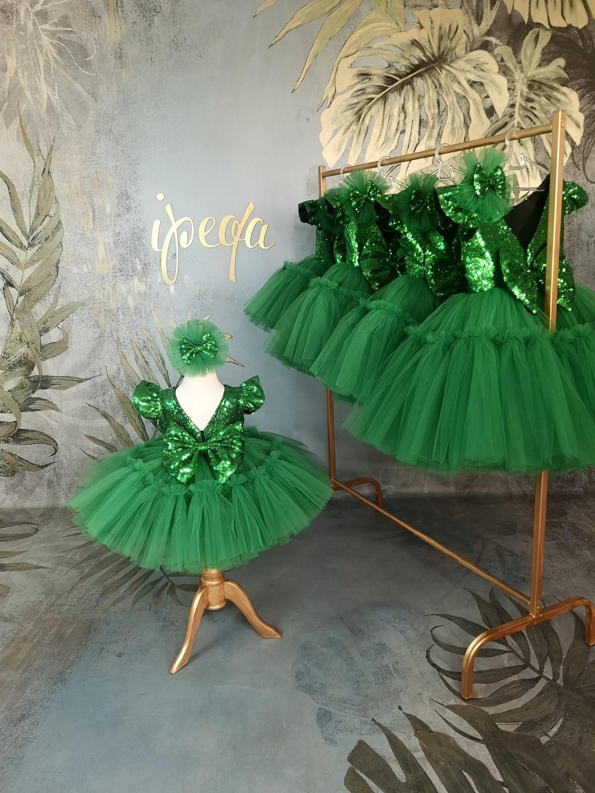 Yılbaşı Yeşil Tütülü Kabarık Kız Çocuk Abiye - Bebek Doğum Günü Elbisesi - ipeqakids – kız çocuk elbisesi