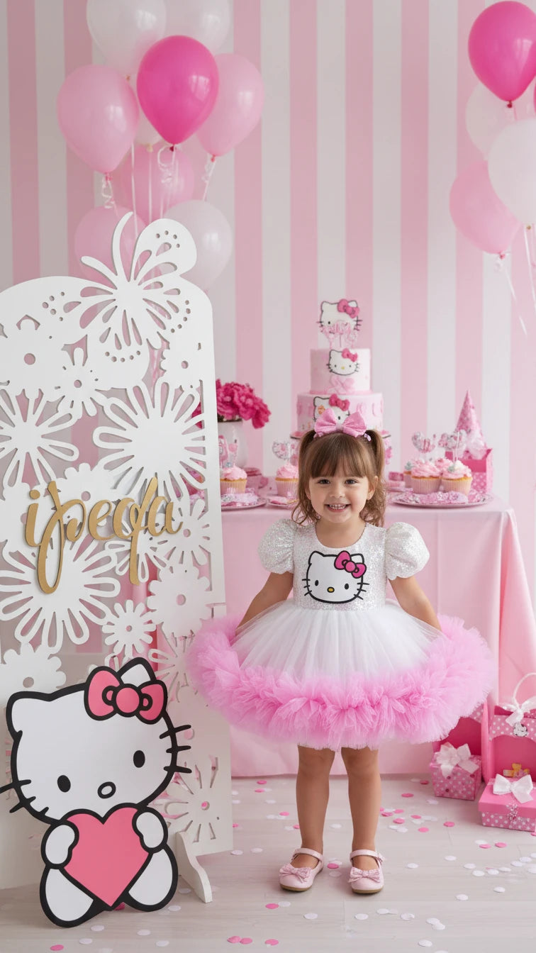 Pembe Hello Kitty Kız Çocuk Abiye - Bebek Doğum Günü Elbisesi - ipeqakids – kız çocuk elbisesi