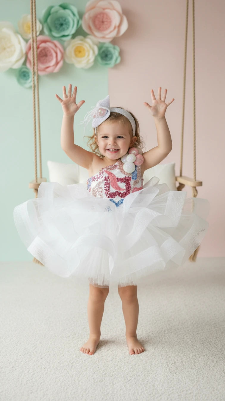 Beyaz Somon Ponponlu Kız Çocuk Abiye - Bebek Parti Kostümü - ipeqakids – kız çocuk elbisesi