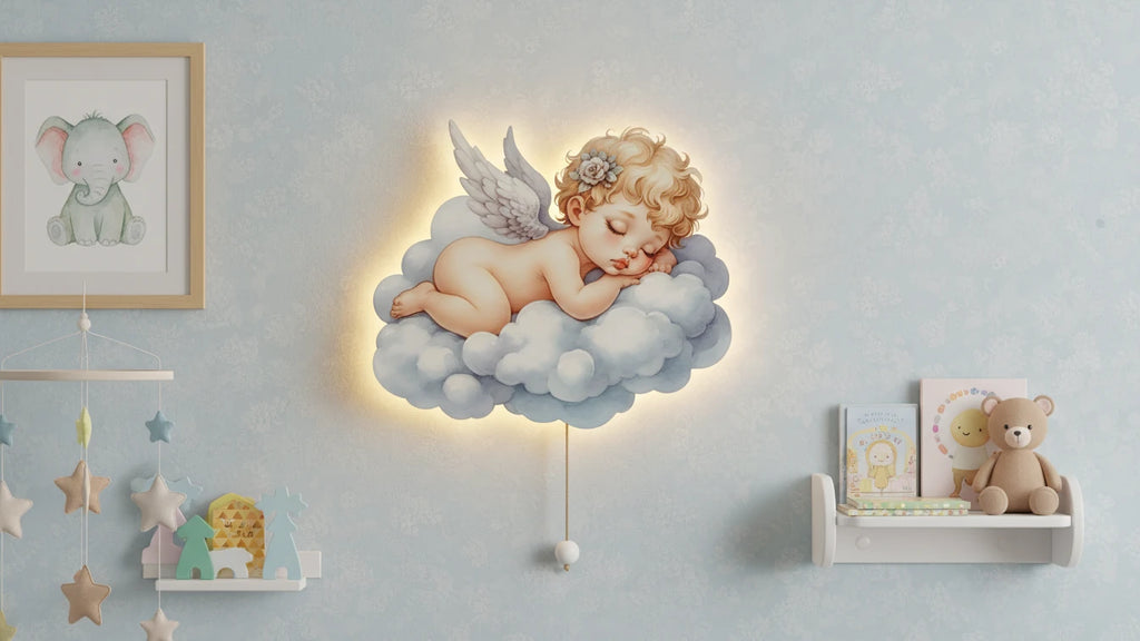 Bebek Melek Pilli Led Işıklı Ahşap Duvar Dekoru – kız çocuk elbisesi