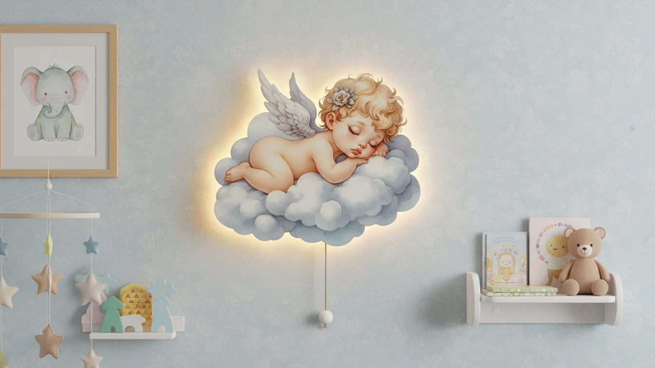 Bebek Melek Pilli Led Işıklı Ahşap Duvar Dekoru – kız çocuk elbisesi