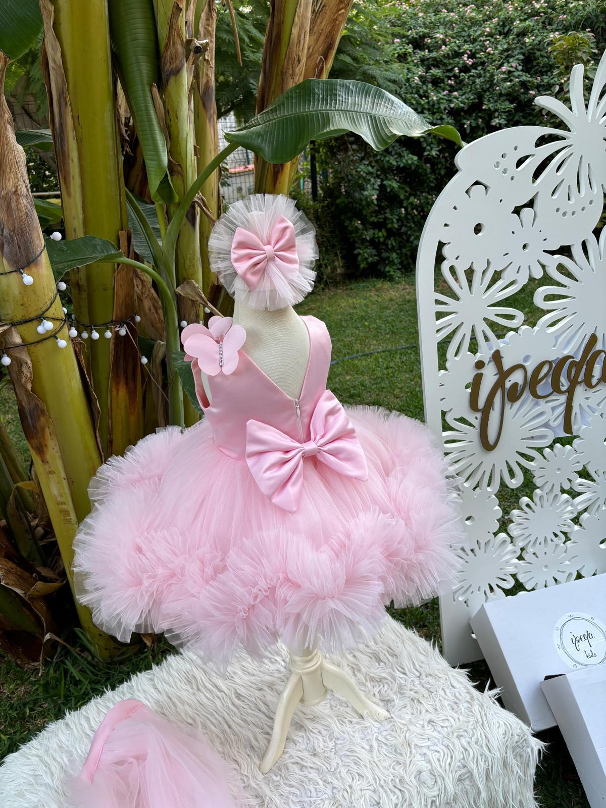 Pudra Pembe Kelebekli Kız Çocuk Abiye - Bebek Doğum Günü Elbisesi - ipeqakids – kız çocuk elbisesi