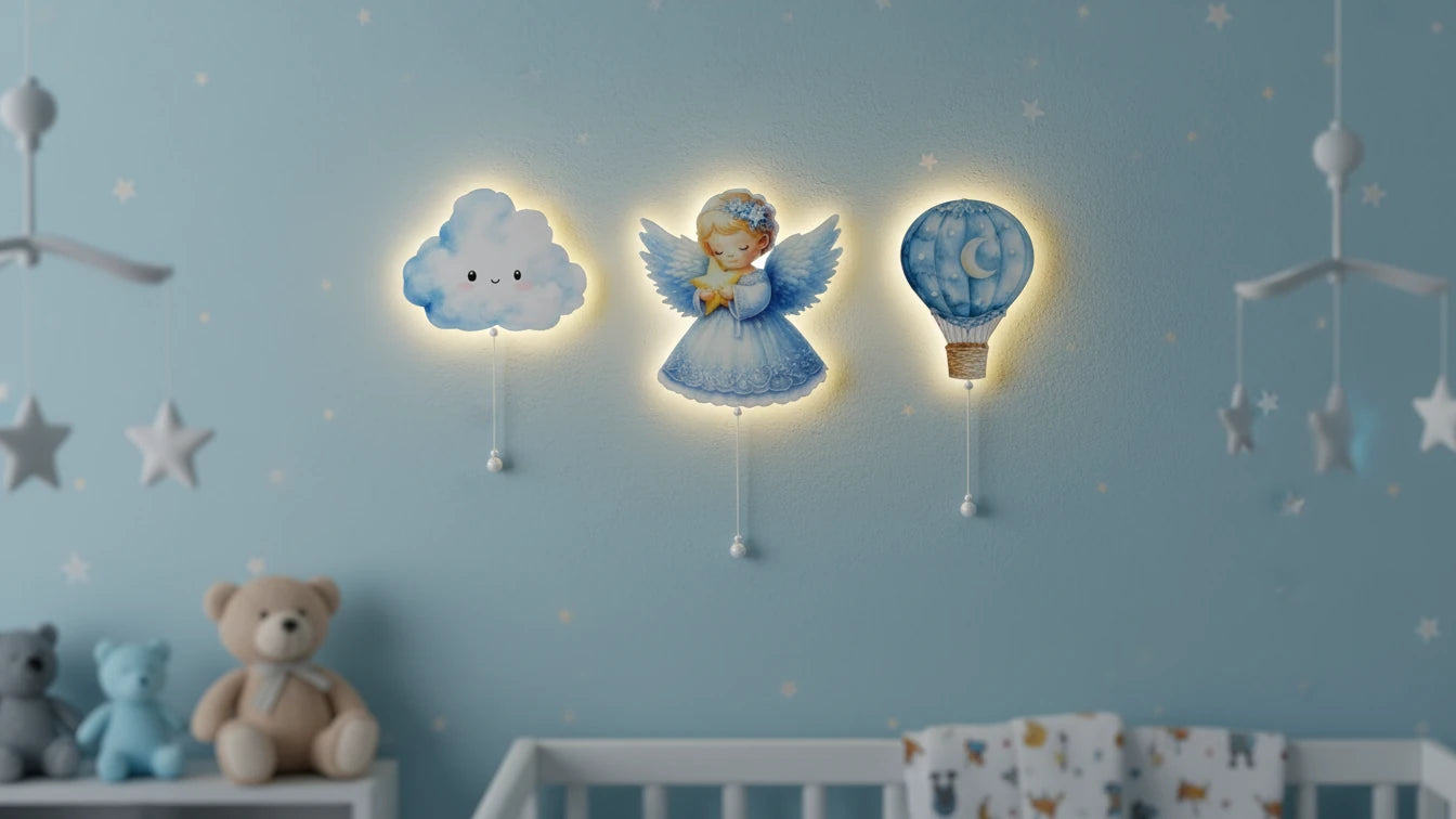 Melek Balon Bulut Seti Pilli Led Işıklı Bebek Odası Ahşap Duvar Dekoru - Gece Lambası – kız çocuk elbisesi