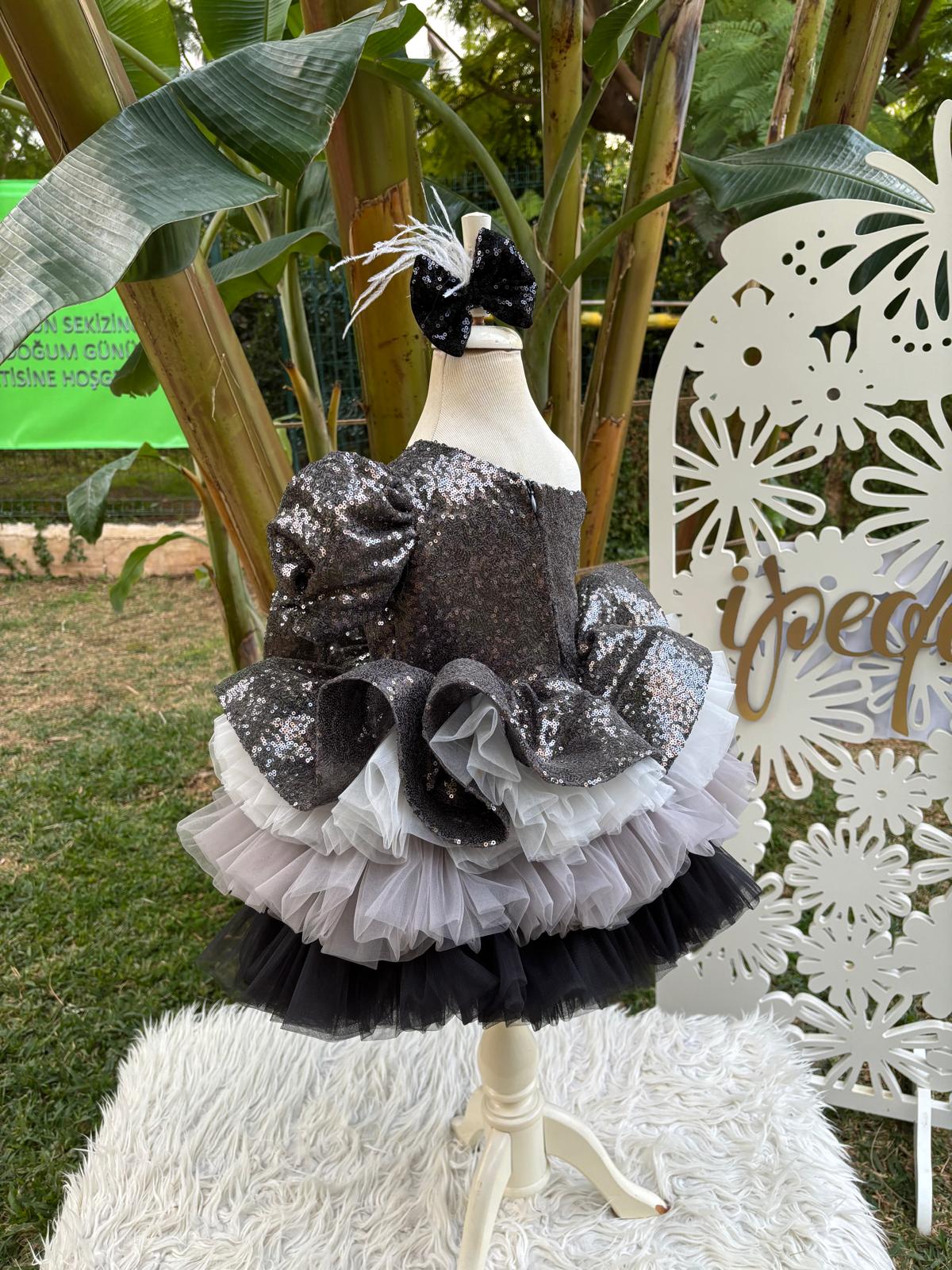 Antrasit Payetli Kız Çocuk Abiye - Bebek Doğum Günü Elbisesi - ipeqakids – kız çocuk elbisesi