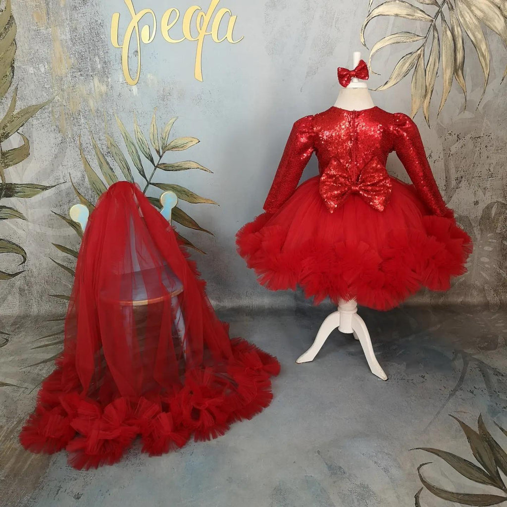 Kırmızı Payetli Uzun Kollu Yılbaşı - Kız Çocuk Abiye - Bebek Doğum Günü Elbisesi - ipeqakids – kız çocuk elbisesi