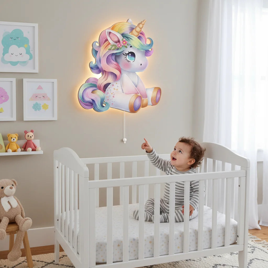 Unicorn Pilli Led Işıklı Bebek Odası Ahşap Duvar Dekoru - Gece Lambası – kız çocuk elbisesi