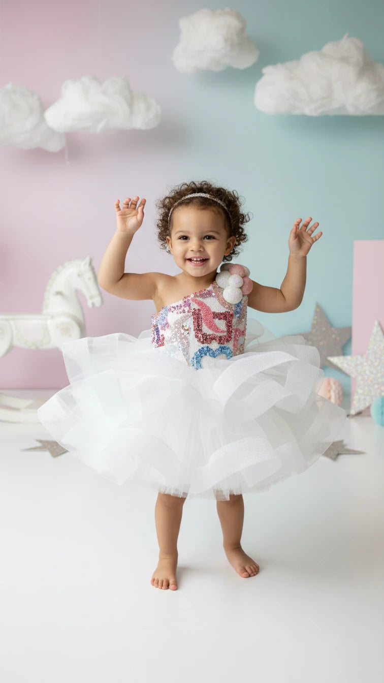 Beyaz Somon Ponponlu Kız Çocuk Abiye - Bebek Parti Kostümü - ipeqakids – kız çocuk elbisesi