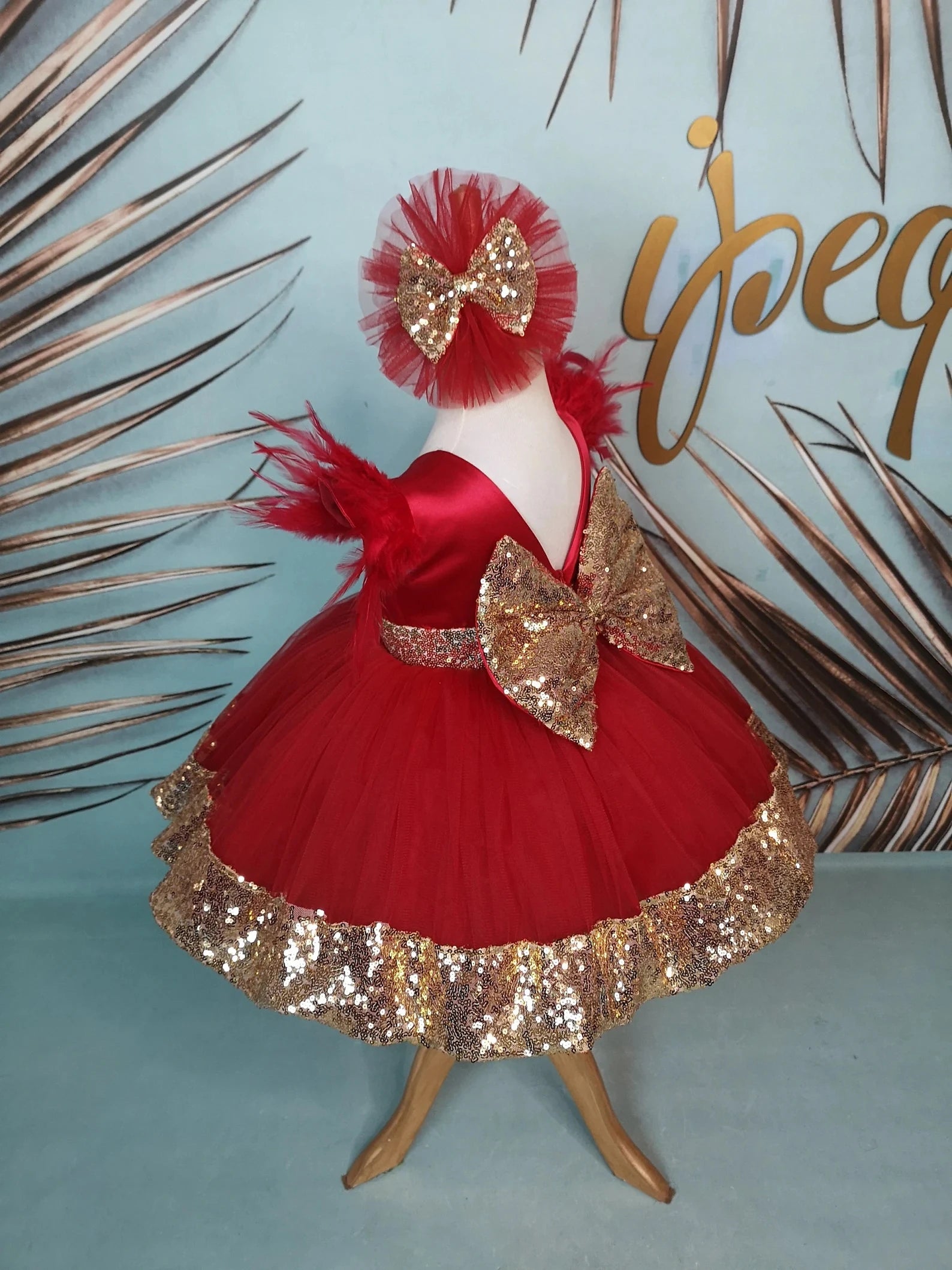 Kırmızı ve Altın Kız Çocuk Abiye - Bebek Parti Elbisesi - ipeqakids – kız çocuk elbisesi