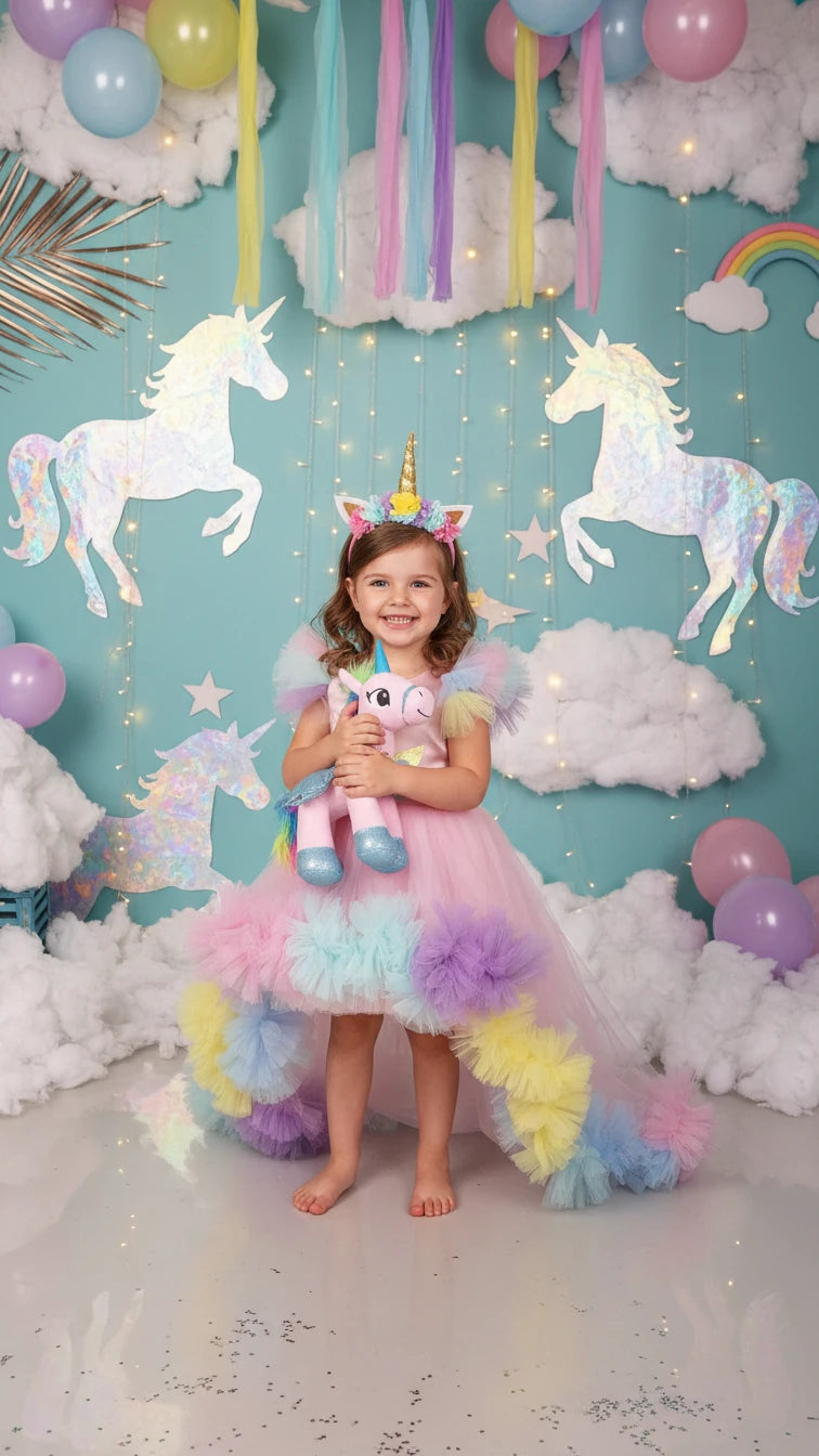 Unicorn Temalı Uzun Kuyruklu Doğumgünü Parti Elbisesi - Bebek Parti Kostümü - ipeqakids – kız çocuk elbisesi