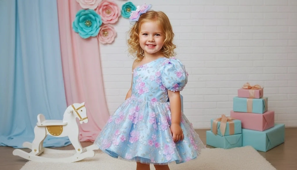 Bebe Mavi Çiçekli Tek Kol Kız Çocuk Abiye - Bebek Doğum Günü Elbisesi - ipeqakids – kız çocuk elbisesi