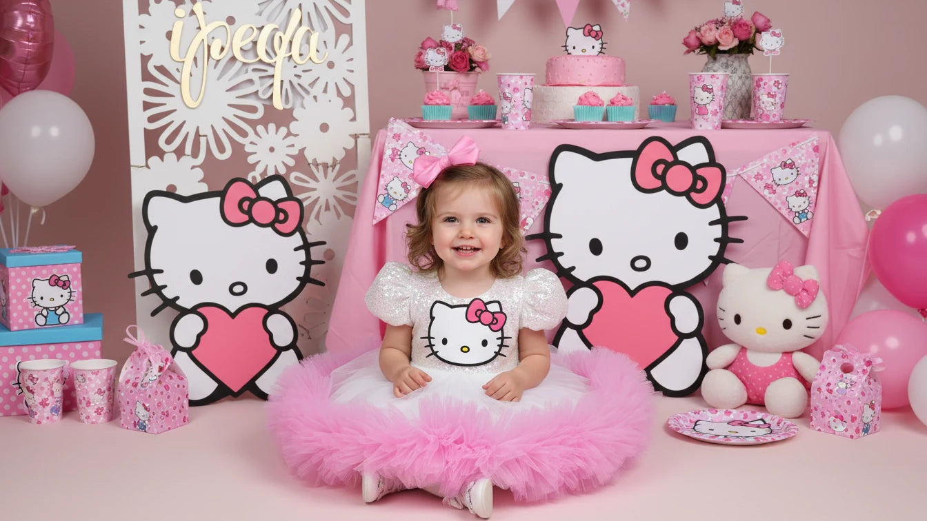 Pembe Hello Kitty Kız Çocuk Abiye - Bebek Doğum Günü Elbisesi - ipeqakids – kız çocuk elbisesi
