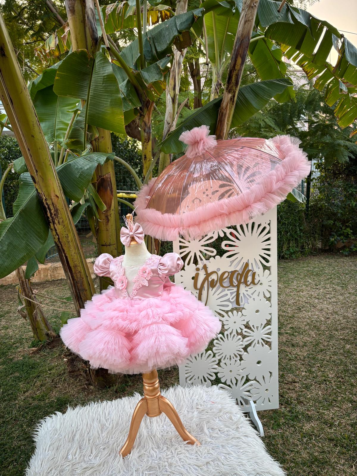 Pudra Pembe Tüllü Gipürlü Kız Çocuk Abiye - Bebek Parti Kostümü - ipeqakids – kız çocuk elbisesi