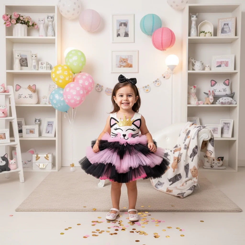 Kedili Kız Çocuk Doğumgünü Elbisesi - Bebek Parti Kostümü - ipeqakids – kız çocuk elbisesi