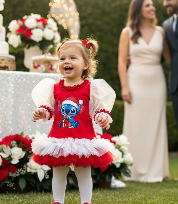 Yılbaşı Temalı Stitch Kırmızı Kız Çocuk Elbisesi - ipeqakids – kız çocuk elbisesi