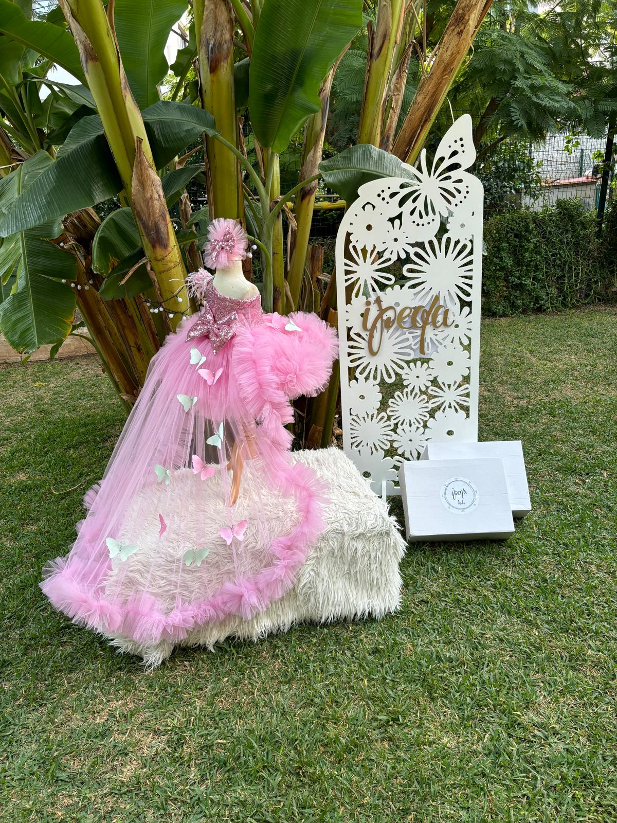 Pembe Kelebekli Gipürlü Kız Çocuk Abiye - Bebek Parti Kostümü - ipeqakids – kız çocuk elbisesi