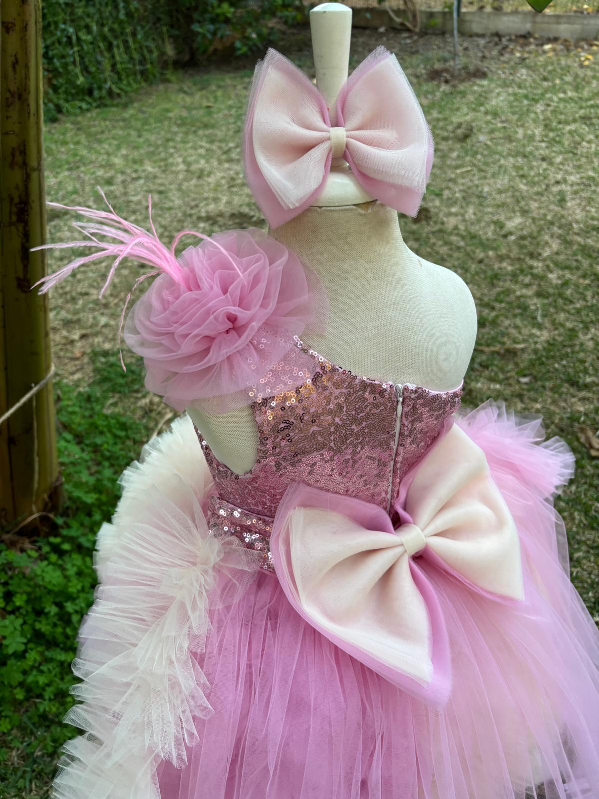 Pembe Bej Tütülü Kız Çocuk Abiye - Bebek Parti Kostümü - ipeqakids – kız çocuk elbisesi