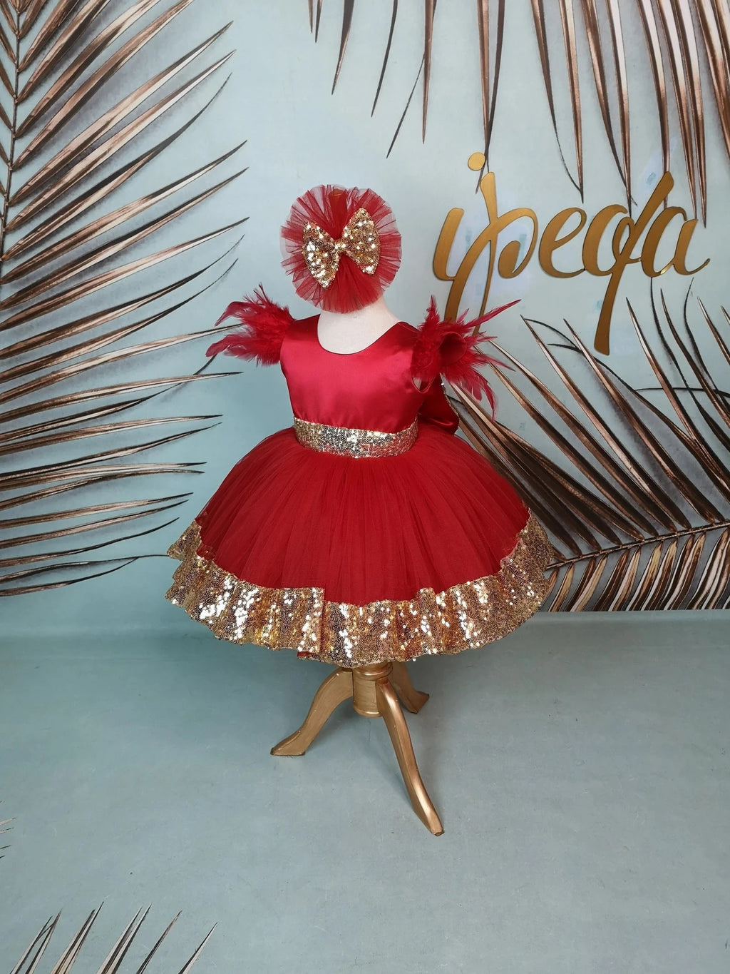 Kırmızı ve Altın Kız Çocuk Abiye - Bebek Parti Elbisesi - ipeqakids – kız çocuk elbisesi