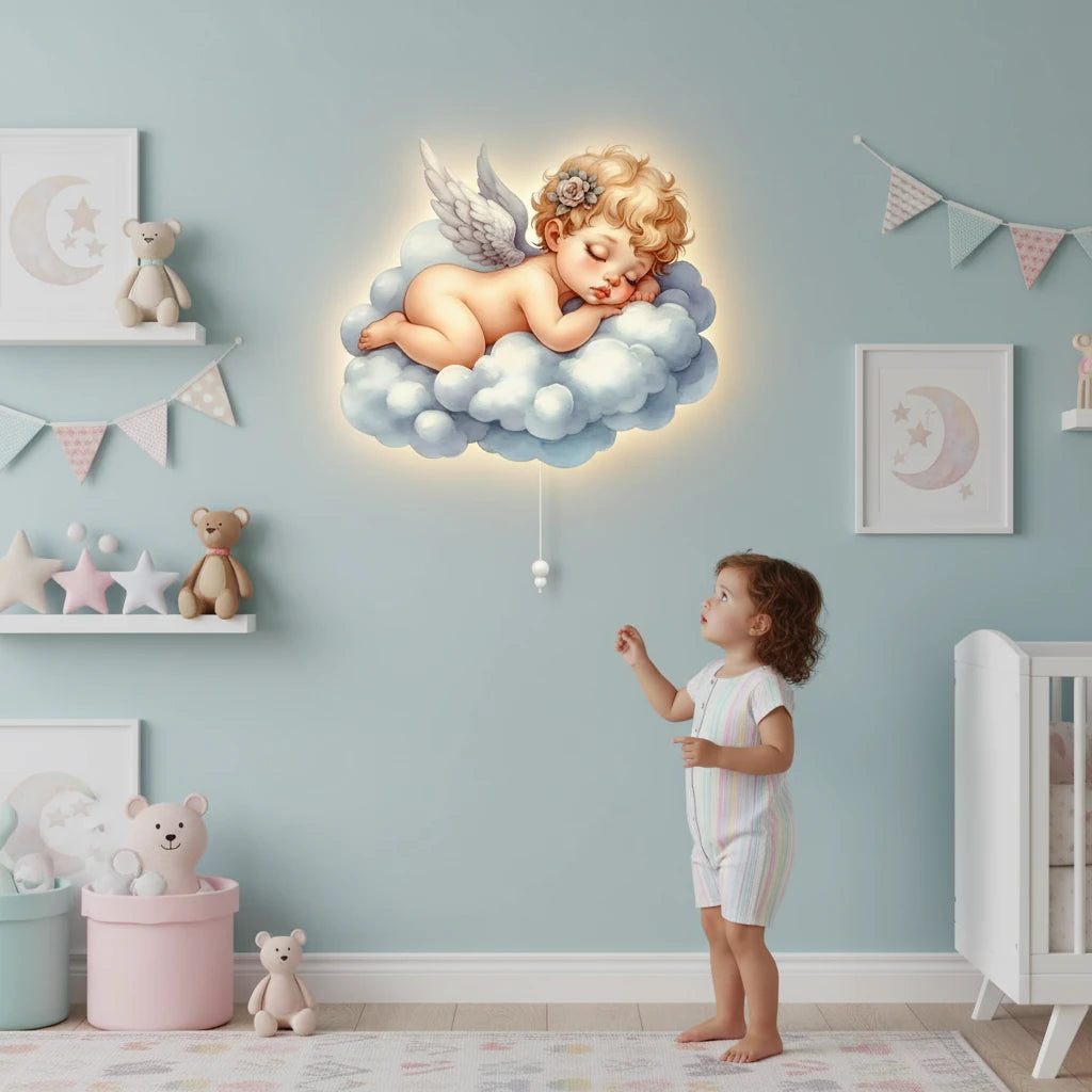 Bebek Melek Pilli Led Işıklı Ahşap Duvar Dekoru – kız çocuk elbisesi
