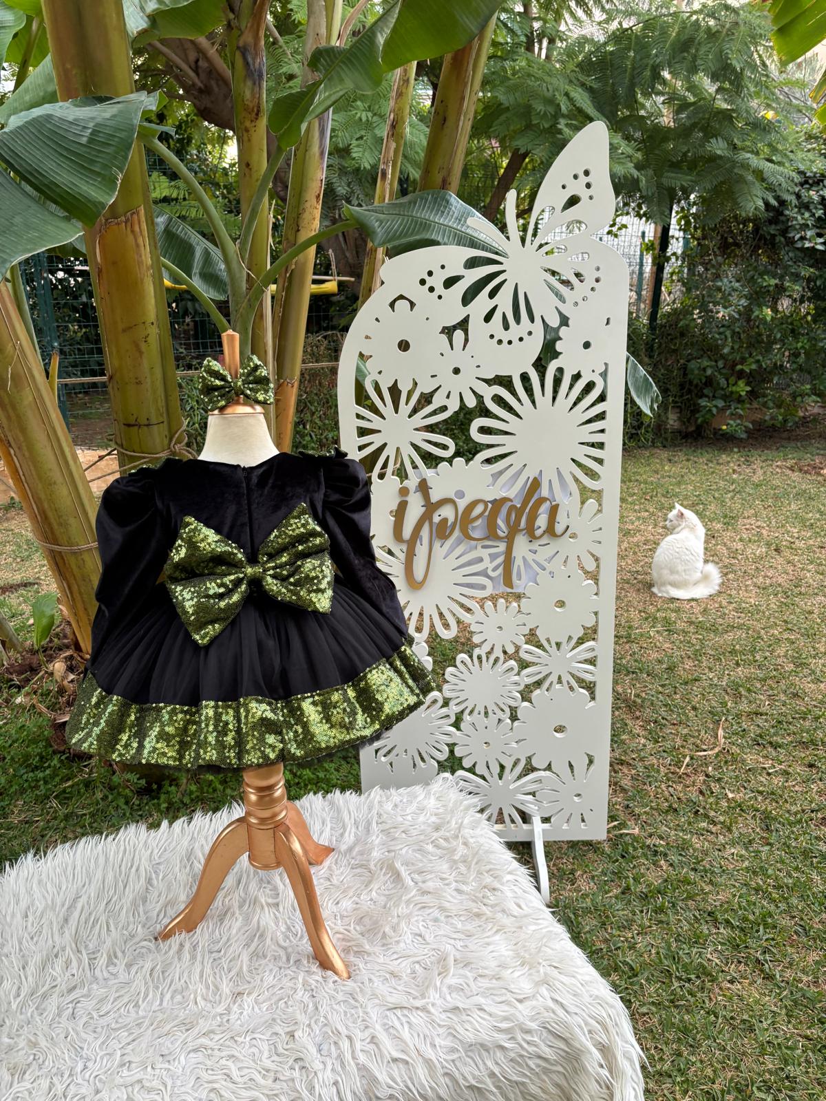 Yeşil Siyah Kadife ve Payetli Kız Çocuk Abiye - Bebek Doğum Günü Elbisesi - ipeqakids – kız çocuk elbisesi