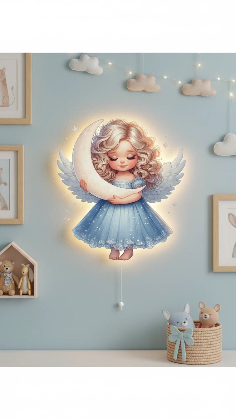 Melek Pilli Led Işıklı Ahşap Duvar Dekoru – kız çocuk elbisesi