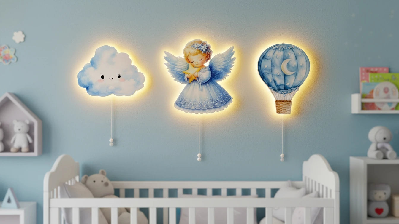 Melek Balon Bulut Seti Pilli Led Işıklı Bebek Odası Ahşap Duvar Dekoru - Gece Lambası – kız çocuk elbisesi