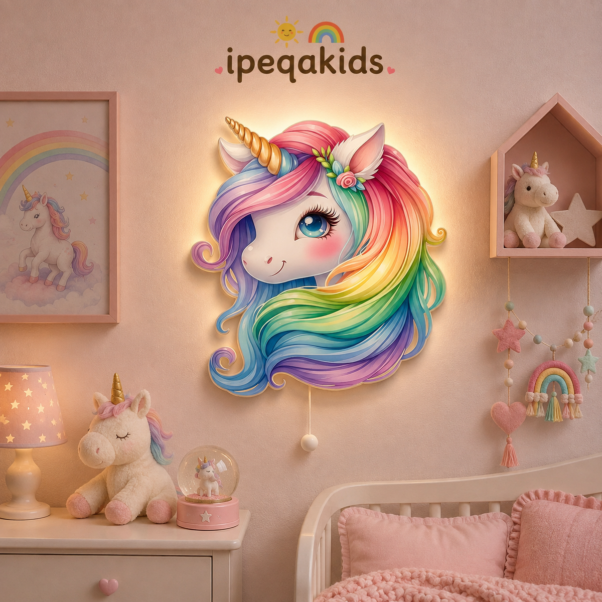 Gökkuşağı renklerinde yelesi olan unicorn başı; LED ahşap duvar dekoru