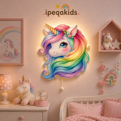 Gökkuşağı renklerinde yelesi olan unicorn başı; LED ahşap duvar dekoru