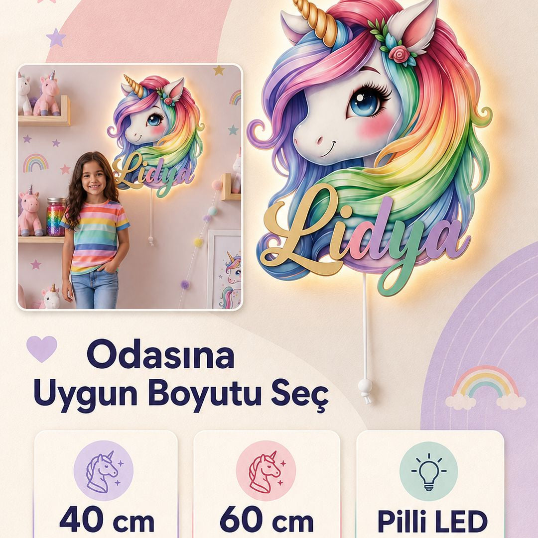 İsimli Unicorn LED Ahşap Gece Lambası Model 1