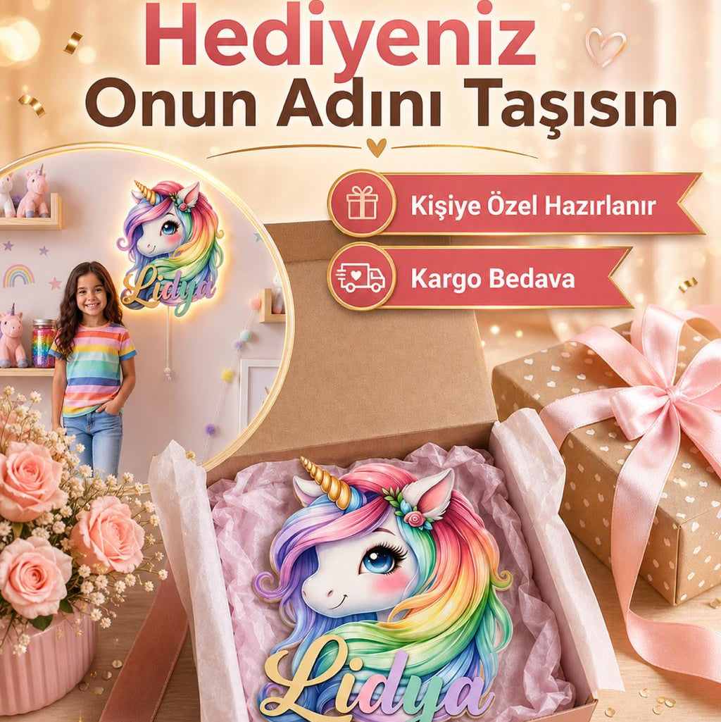 İsimli Unicorn LED Ahşap Gece Lambası Model 1