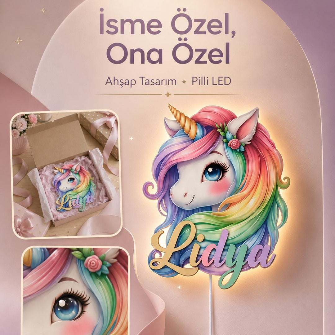 İsimli Unicorn LED Ahşap Gece Lambası Model 1