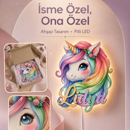 İsimli Unicorn LED Ahşap Gece Lambası Model 1