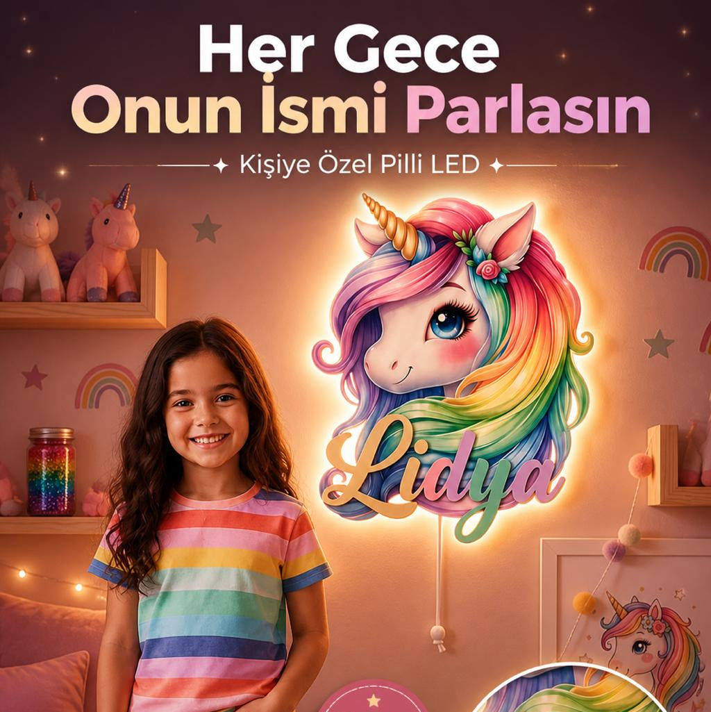 İsimli Unicorn LED Ahşap Gece Lambası Model 1
