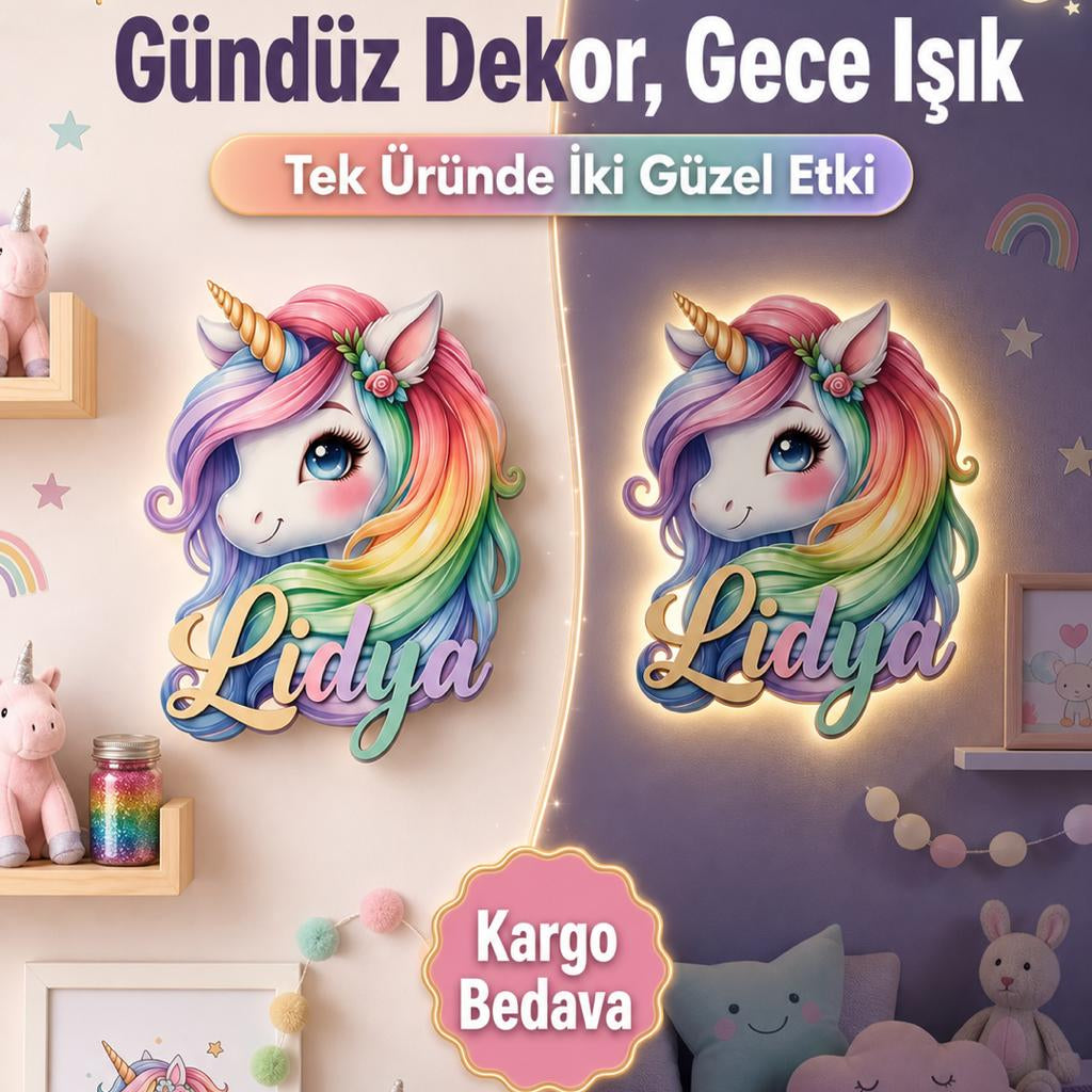 İsimli Unicorn LED Ahşap Gece Lambası Model 1