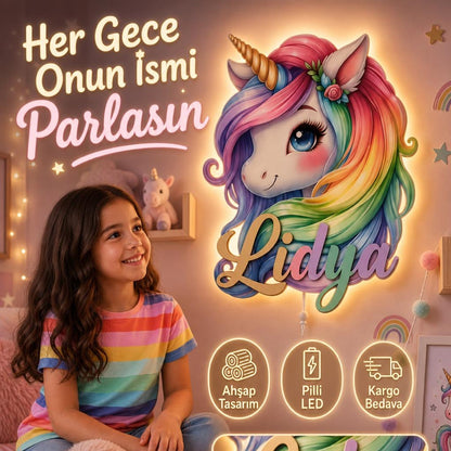 İsimli Unicorn LED Ahşap Gece Lambası Model 1