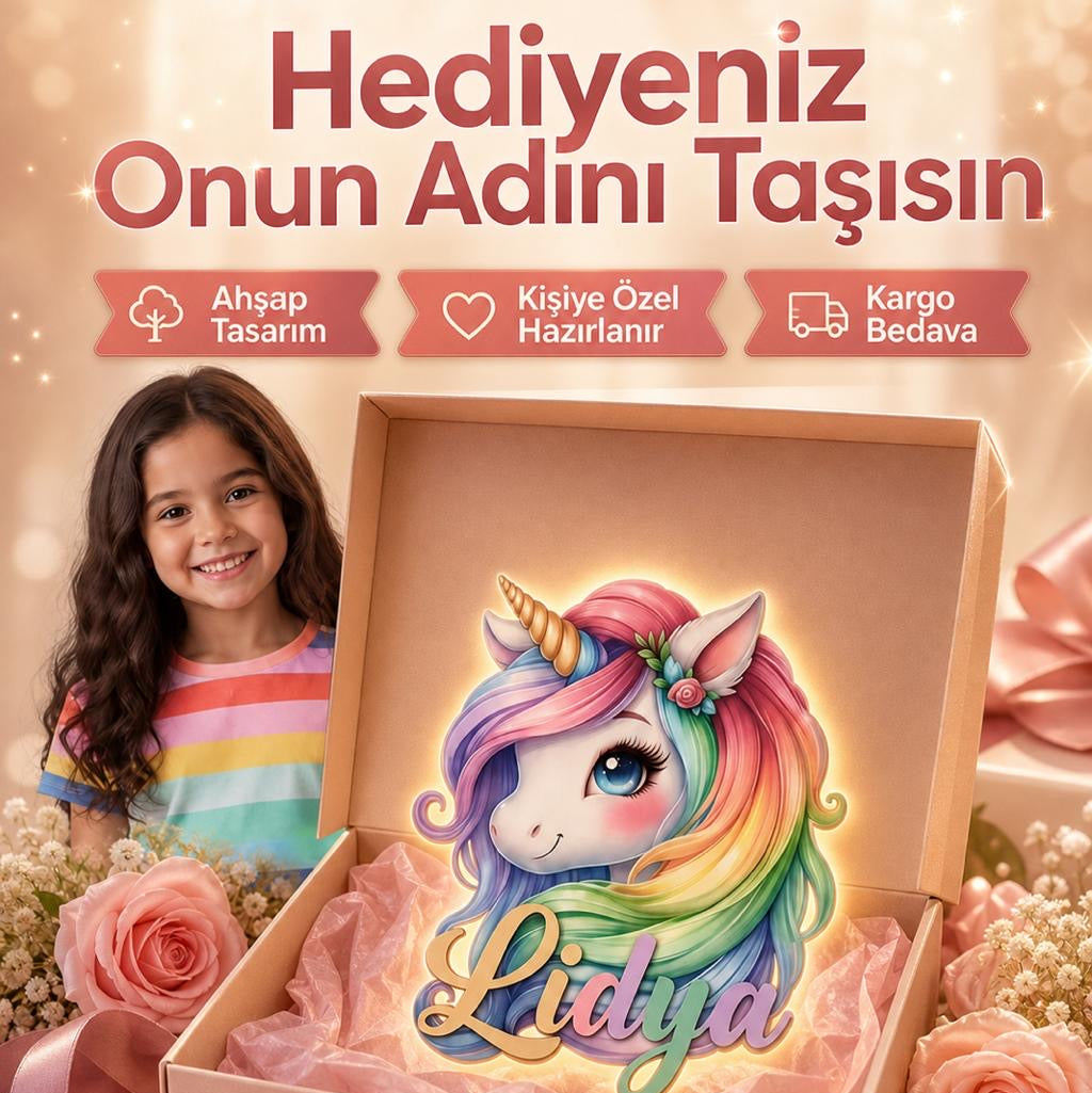 İsimli Unicorn LED Ahşap Gece Lambası Model 1