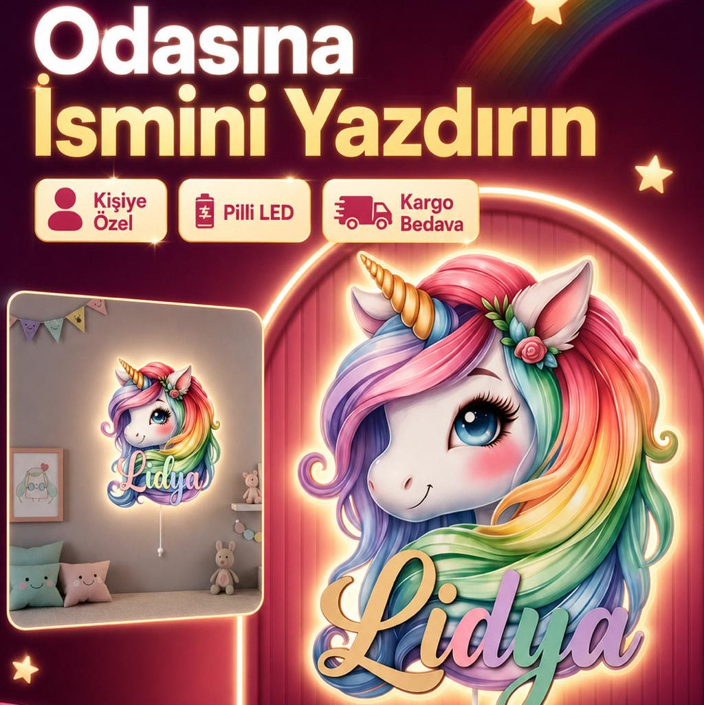İsimli Unicorn LED Ahşap Gece Lambası Model 1
