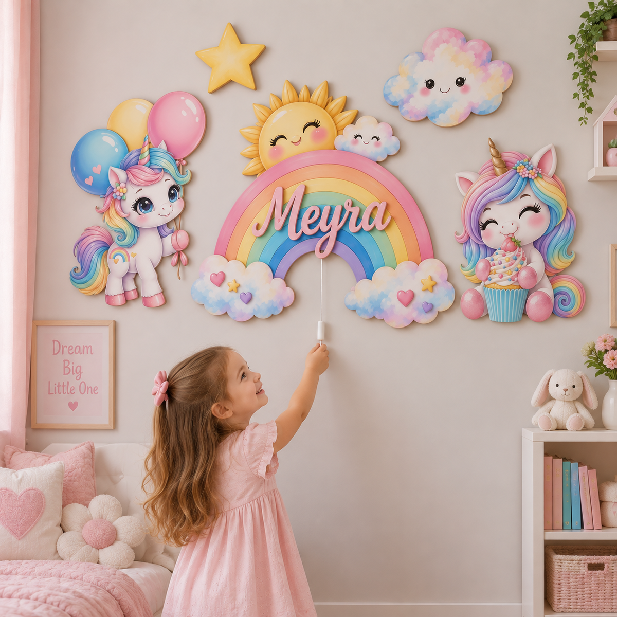 İsimli Unicornlu Gökkuşağı 5 Parça LED Ahşap Dekor Seti